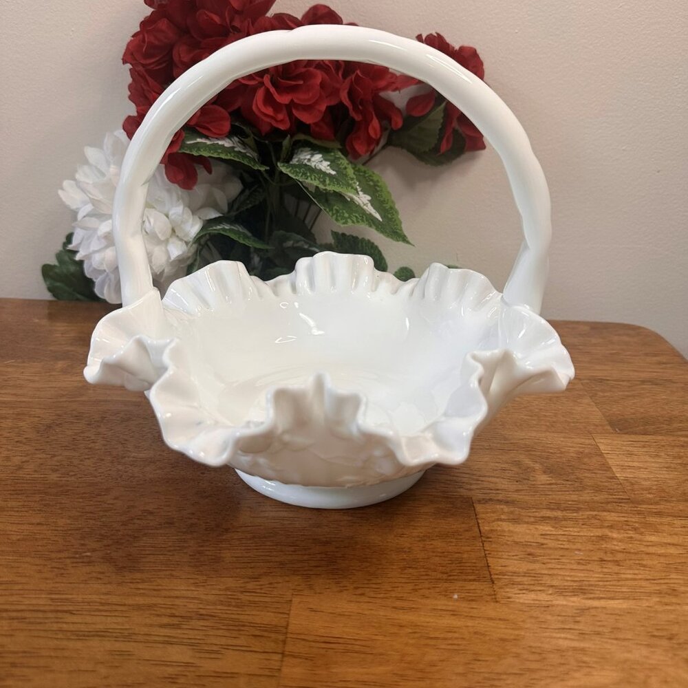 Fenton Milk Glass Cabbage Rose Basket Vintage White Ruffled Edge Handle Wedding